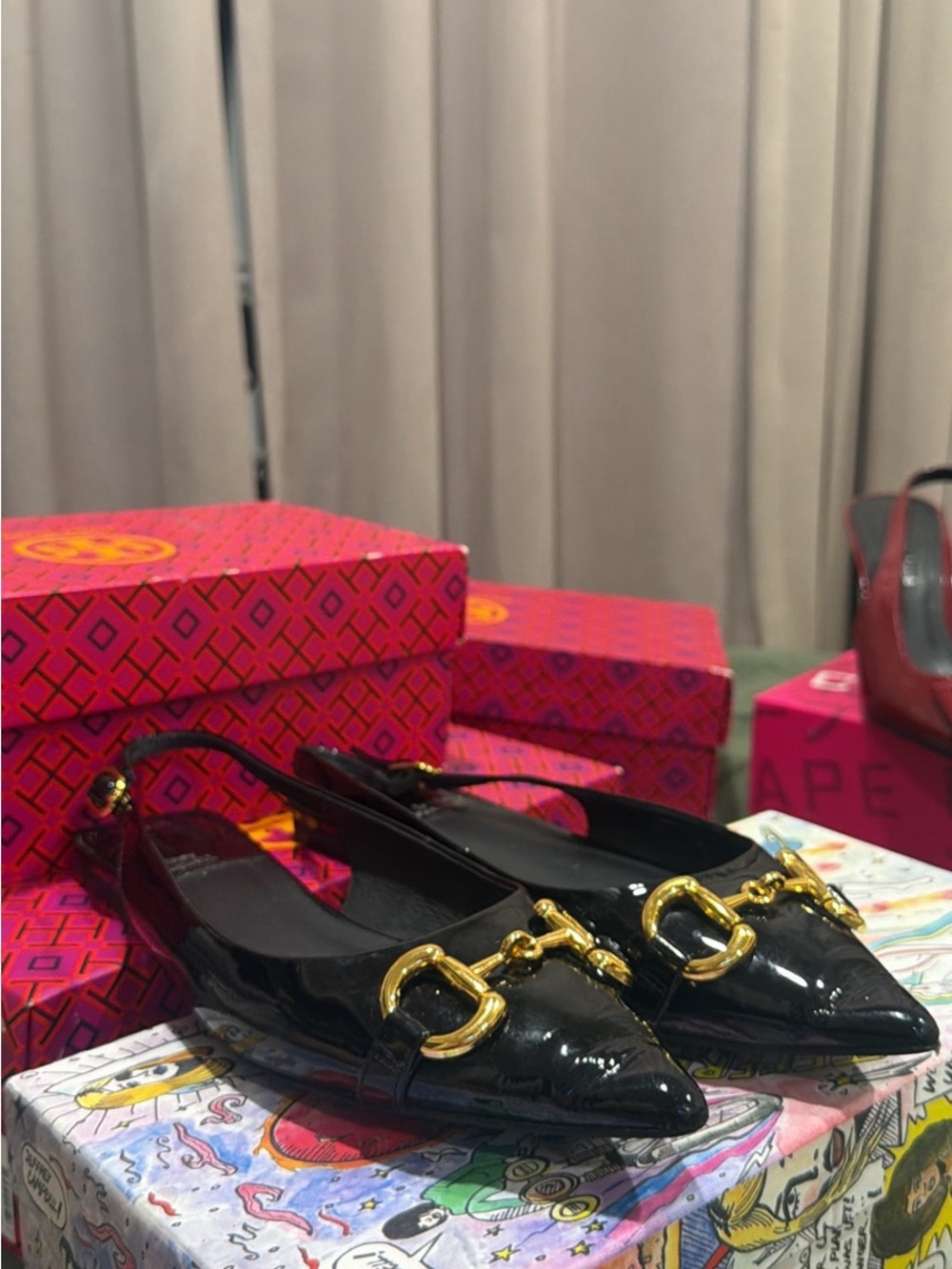 Jeffrey Campbell Black Patent Pointed Slingback Flats with Gold Buckle